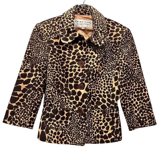 Trina Turk Size 2 Corduroy Brown Tan Giraffe Work Blazer Animal Print Brown - Picture 1 of 13